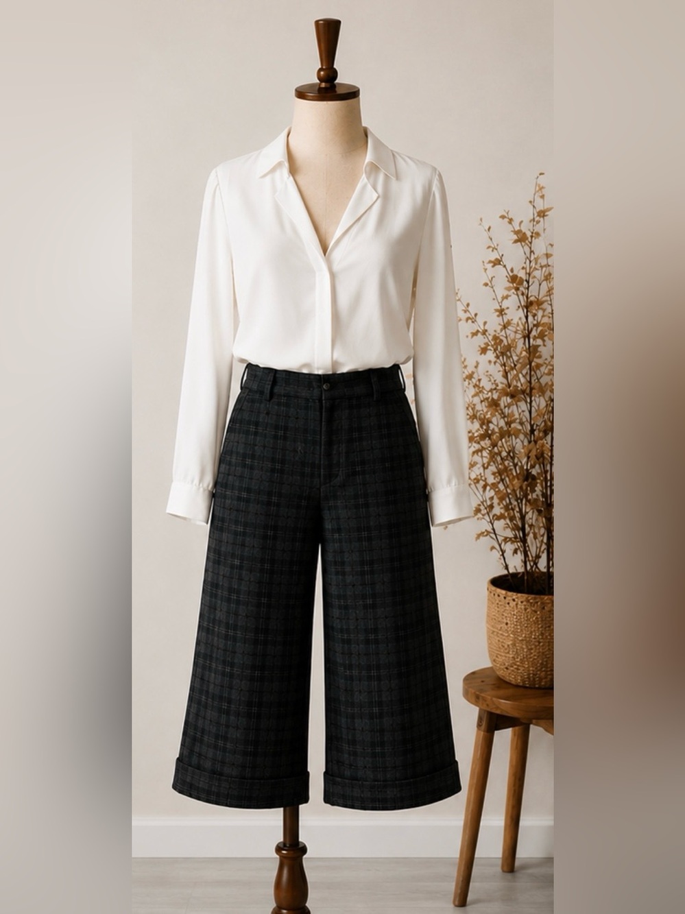 Express Dark/Gray/Burgundy Plaid Cropped Culottes